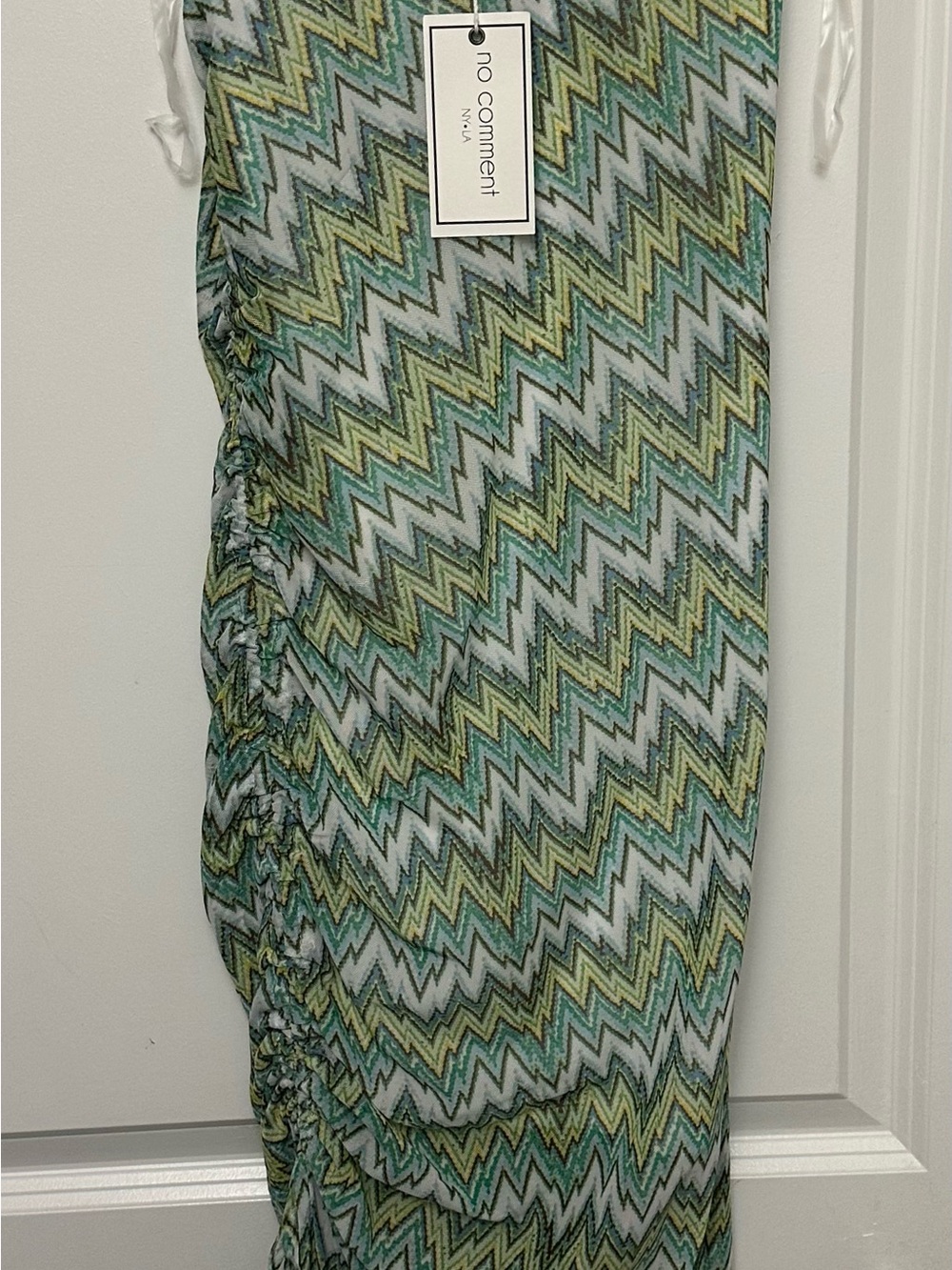 Green Chevron Slip Midi Dress with Side Drawstring - Picture 5 of 6